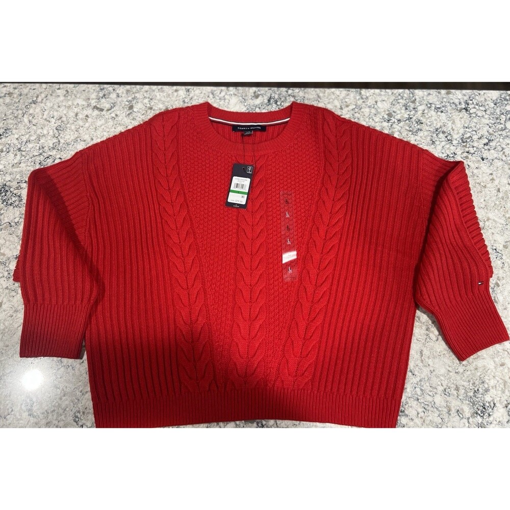 Tommy Hilfiger Womens Bobbi Sweater Large Red Cable Knit Pullover NWT
